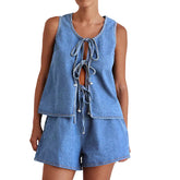 Women Casual Denim Sleeveless Lace Up Vest + Shorts Set