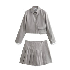 Women Casual Sleeved Shirt and High Waisted Skirt Set