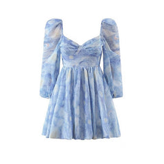 Women Light Blue Van Gogh's Starry Sky Collar Chiffon Dresses