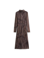 Woman Print Tulle Vintage Ruched Midi Dresses