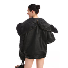 Women Leather PU Zipper Hooded Fashion Jacket