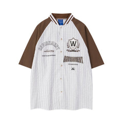 Men Sports Badge Baseball Collared Striped Shirt