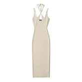 Women Sleeveless Knitted Cross Halter Midi Dress