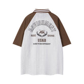 Men Sports Badge Baseball Collared Striped Shirt
