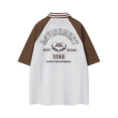 Men Sports Badge Baseball Collared Striped Shirt