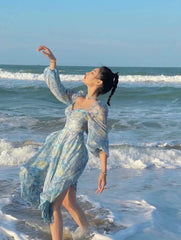 Women Light Blue Van Gogh's Starry Sky Collar Chiffon Dresses