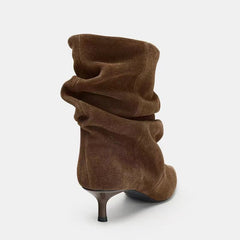 Pleated Mid-Calf Boots for Women Pointed Toe Medium Heel Velvet Boots