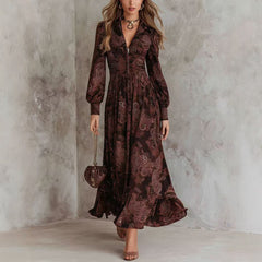 Women Vintage Print Bubble Sleeve V-Neck Fitted Maxi Dress