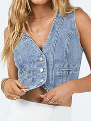 Women Button Up Sleeveless Denim Top