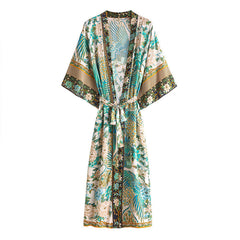 Women Cotton Peacock Print Cardigan Robe Dresses