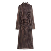 Woman Print Tulle Vintage Ruched Midi Dresses