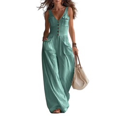 Women Loose Pocket V-neck Jumpsuit
