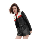Women Biker Leather PU Splicing Short Jacket