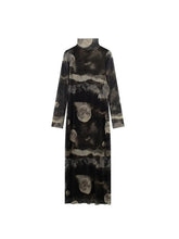 Women Tulle Printed Turtleneck Vintage Long Sleeve Dress