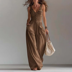 Pocket V-neck button vest jumpsuit for women