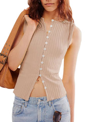 Women Button Down Round Neck Sweater Vest