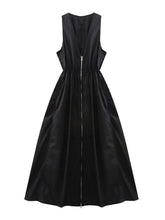 Women Vintage Sleeveless Elastic Waist Front Zipper Dress