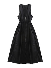 Women Vintage Sleeveless Elastic Waist Front Zipper Dress
