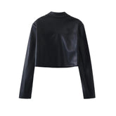 Women Faux Leather Cropped Jacket + Button Mini Skirt Suit