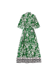 Woman Casual Printed Vintage Long Sleeve Dresses with Belt