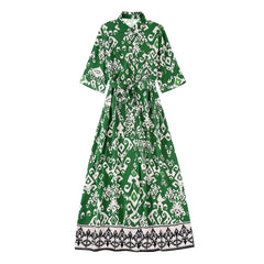 Woman Casual Printed Vintage Long Sleeve Dresses with Belt