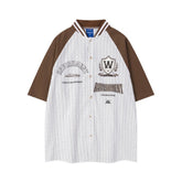 Men Sports Badge Baseball Collared Striped Shirt