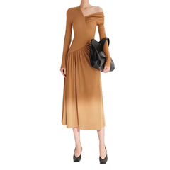 Women Asymmetric Cotton Pleated V-Neck High Waist Dress