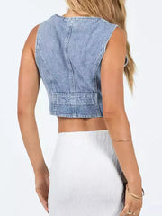 Women Button Up Sleeveless Denim Top