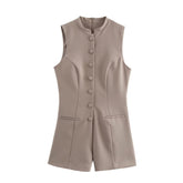 Women Button Up Sleeveless Jumpsuit