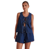 Women Casual Denim Sleeveless Lace Up Vest + Shorts Set