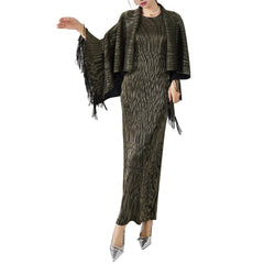Women Elegant Tassel Shawl Sleeveless Long Dress 2 Piece Set