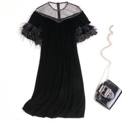 Women Velvet Beaded Round Neck Ostrich Feather Lotus Leaf Sleeve Dress