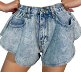 Women Casual Ruffle Hem Ripped Denim Shorts