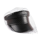 Women Leather Black Military Veiled Flat Cap