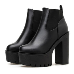 Women Black Leather Platform Square Heel Boots