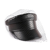 Women Leather Black Military Veiled Flat Cap