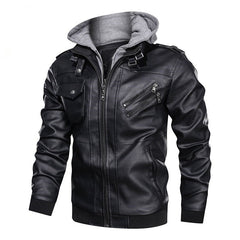 Men Winter Leather Hooded Motorcycle Jacket