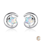 Sterling Silver 925 Moon and Star Opal Stud Earrings