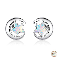 Sterling Silver 925 Moon and Star Opal Stud Earrings