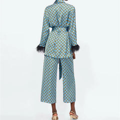 Women Print Kimono Jacket with Feather Detail Co Ords