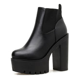 Women Black Leather Platform Square Heel Boots