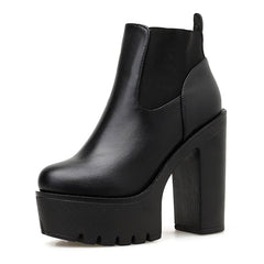 Women Black Leather Platform Square Heel Boots