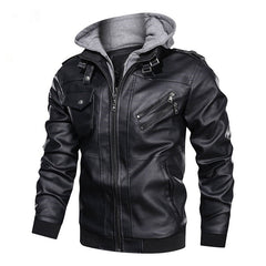 Men Winter Leather Hooded Motorcycle Jacket