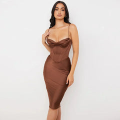 Women Elegant Satin Deep V Sleeveless Midi Dress