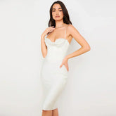 Women Elegant Satin Deep V Sleeveless Midi Dress
