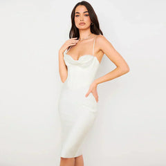 Women Elegant Satin Deep V Sleeveless Midi Dress