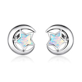 Sterling Silver 925 Moon and Star Opal Stud Earrings