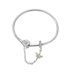 Sterling Silver 925 Women 3mm Snake Charm Bracelet with Sunflower Safety Chain