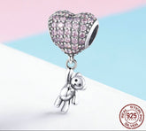 Sterling Silver 925 Heart Bear Pink Cubic Zircon Beaded Charm