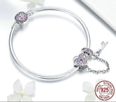Sterling Silver 925 Pink Heart Lock and Key Bracelet Bangle